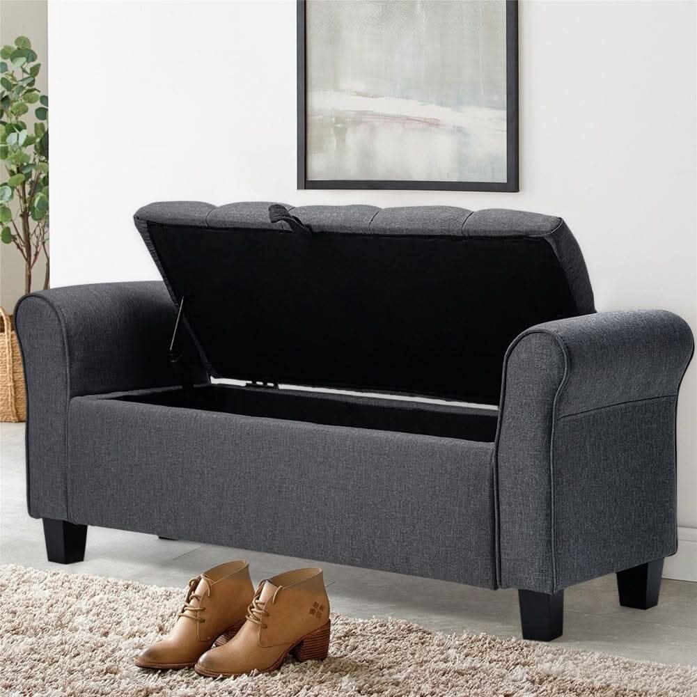 Deep Grey Linen Storage Footstool 115x40x48cm with Three-Row Tufting
