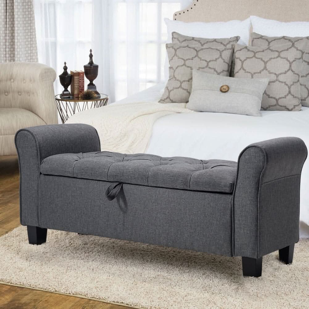 Deep Grey Linen Storage Footstool 115x40x48cm with Three-Row Tufting