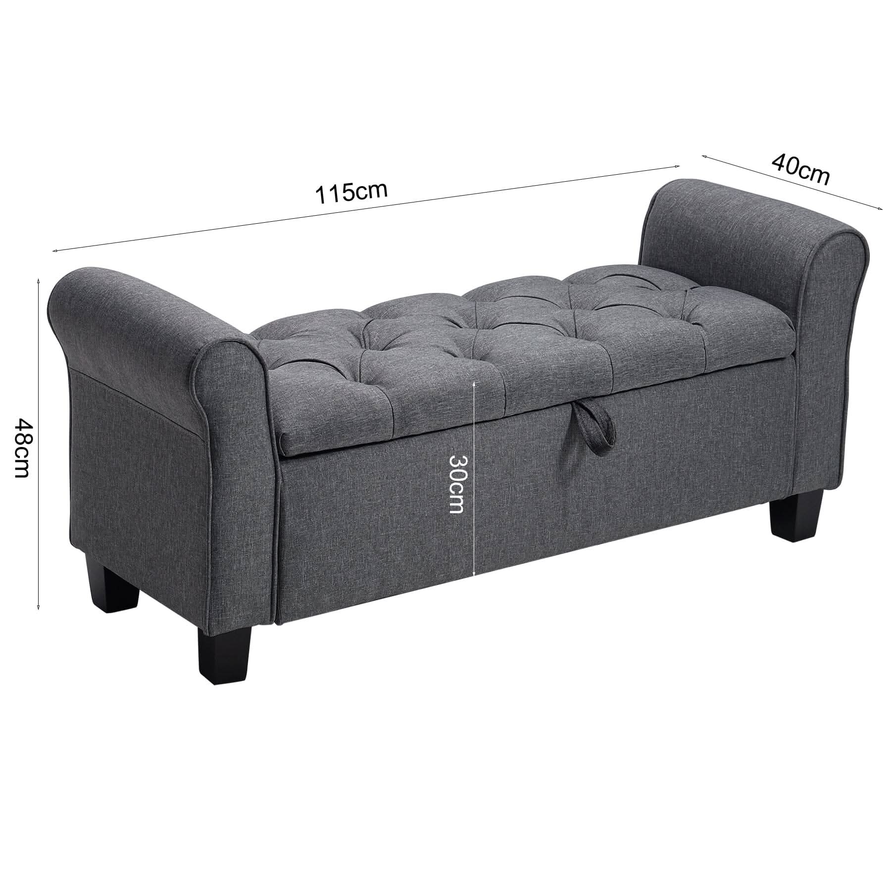 Deep Grey Linen Storage Footstool 115x40x48cm with Three-Row Tufting