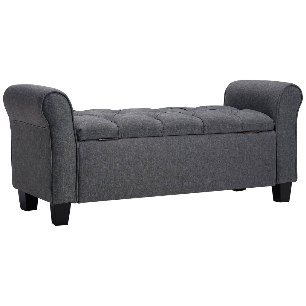 Deep Grey Linen Storage Footstool 115x40x48cm with Three-Row Tufting