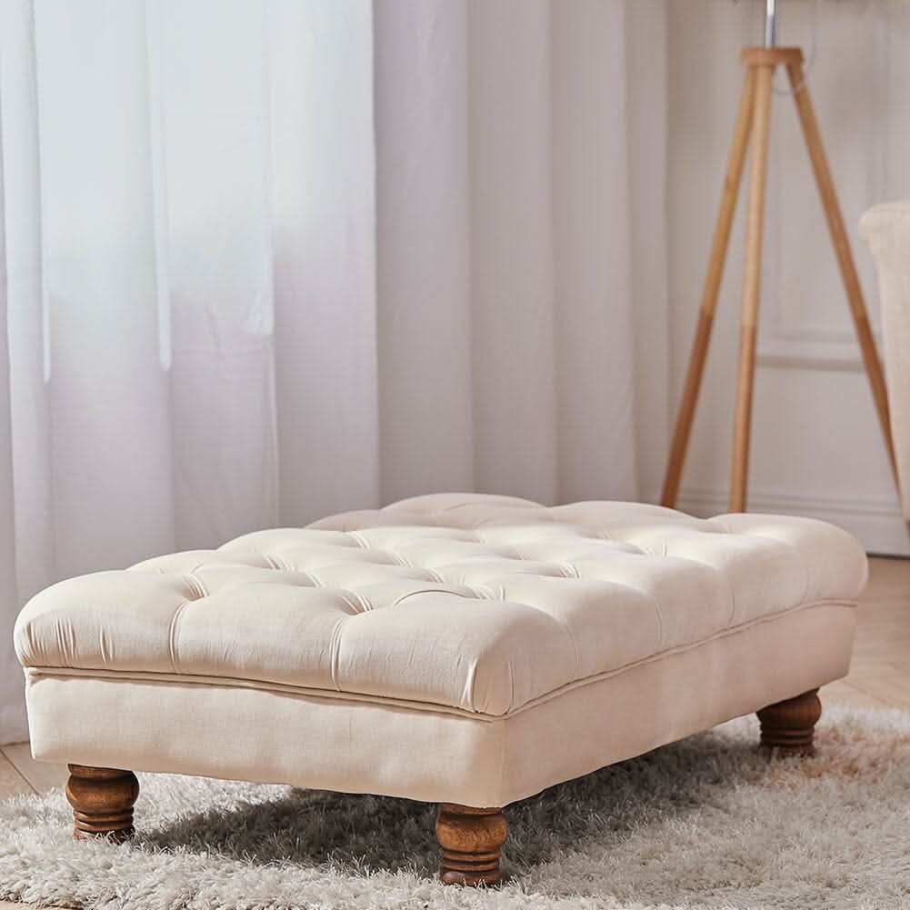 Tufted Upholstered Bench Velvet Fabric with Piped Edging and Turned Bun Feet