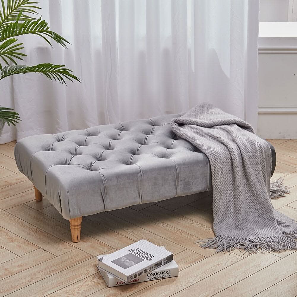 Chesterfield Style Tufted Ottoman Bench Grey Velvet with Natural Wood Legs