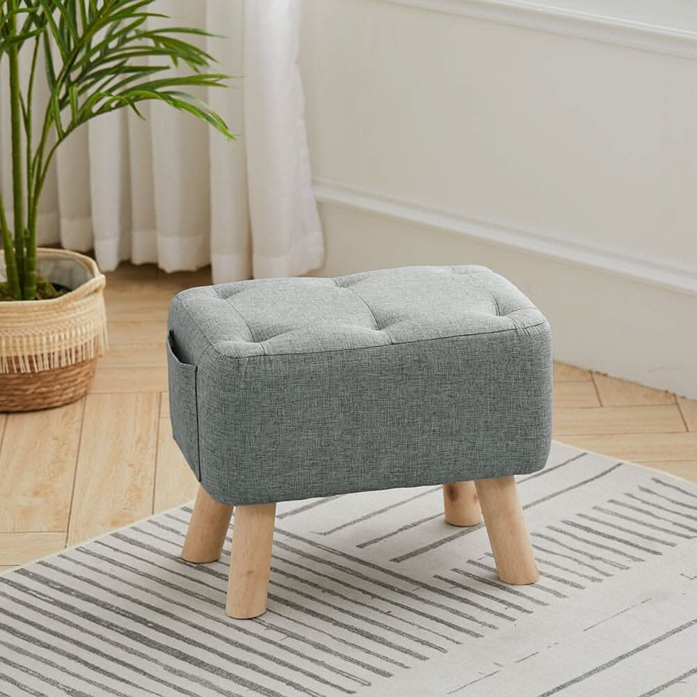 Linen Fabric Footstool Collection: Tufted Stool with Side Pocket & Low-Profile Footrest