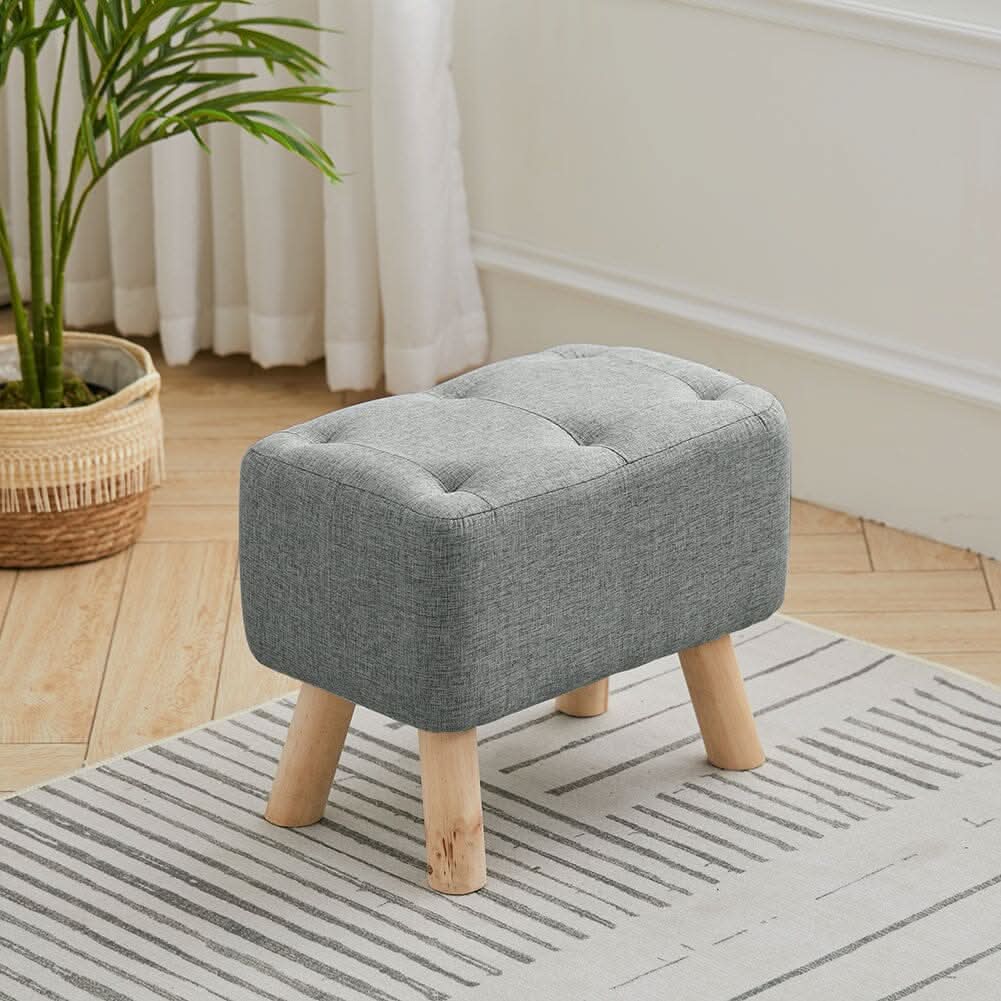 Linen Fabric Footstool Collection: Tufted Stool with Side Pocket & Low-Profile Footrest