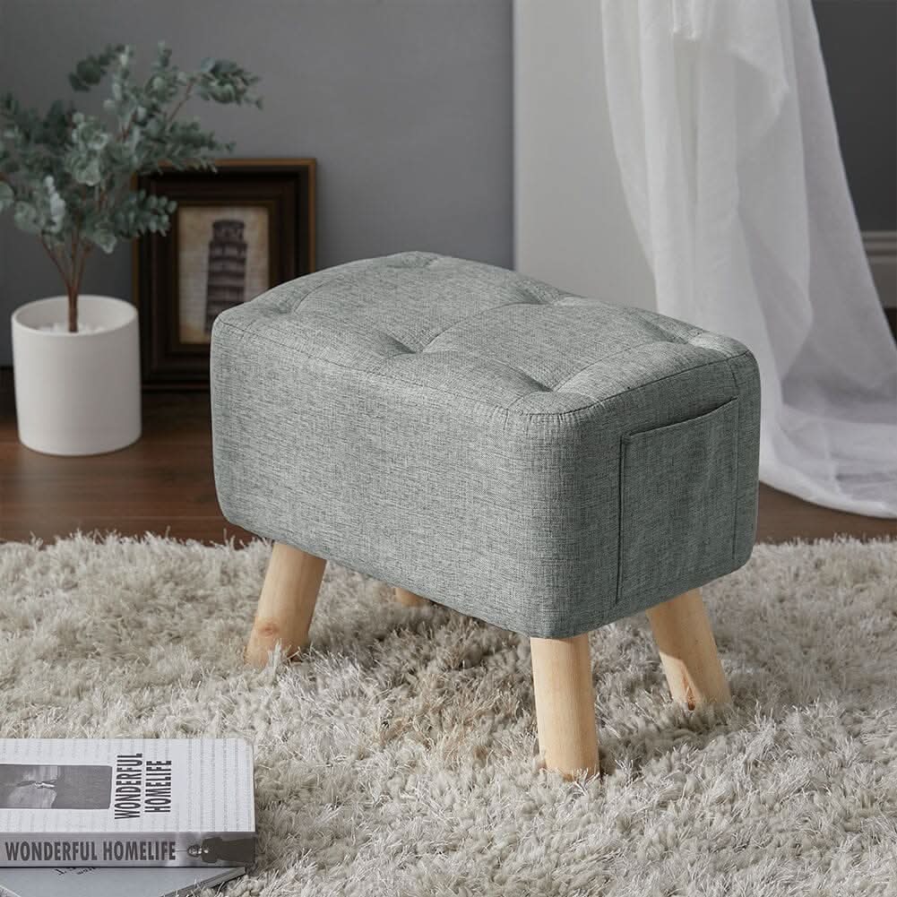 Linen Fabric Footstool Collection: Tufted Stool with Side Pocket & Low-Profile Footrest