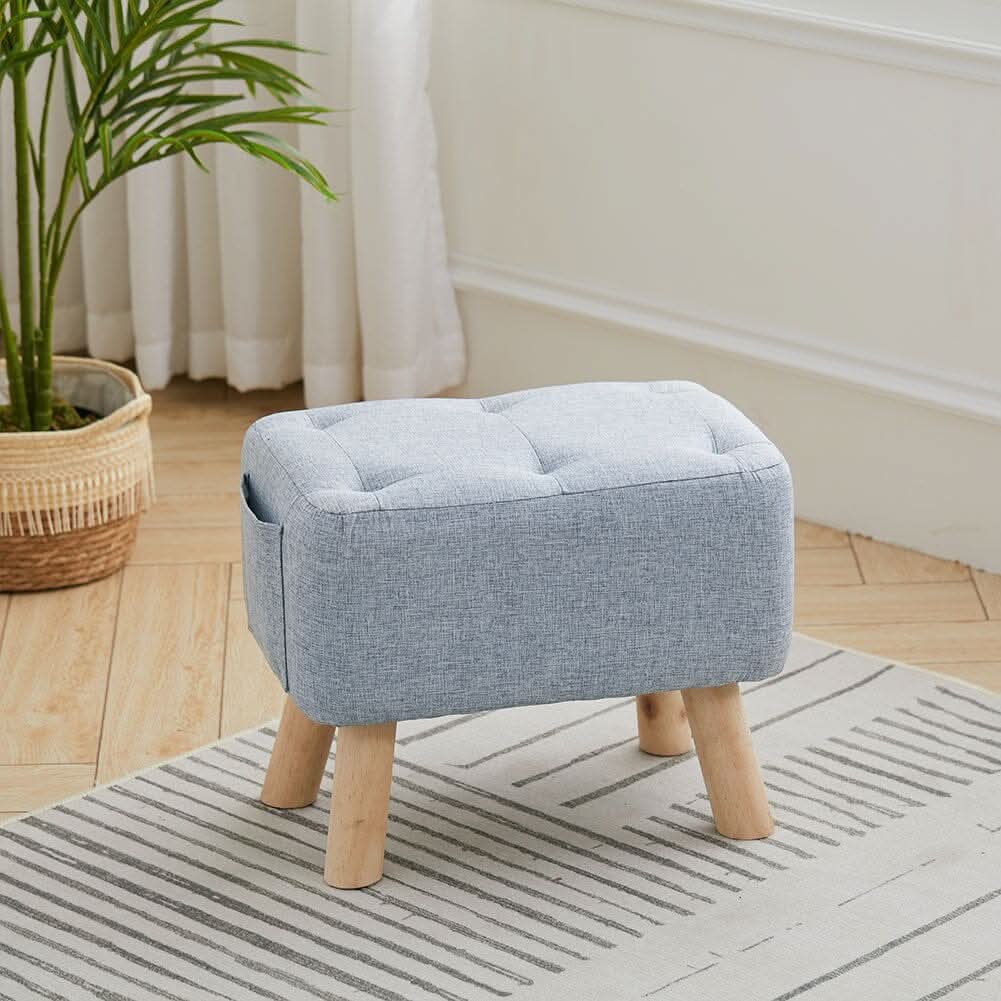 Linen Fabric Footstool Collection: Tufted Stool with Side Pocket & Low-Profile Footrest