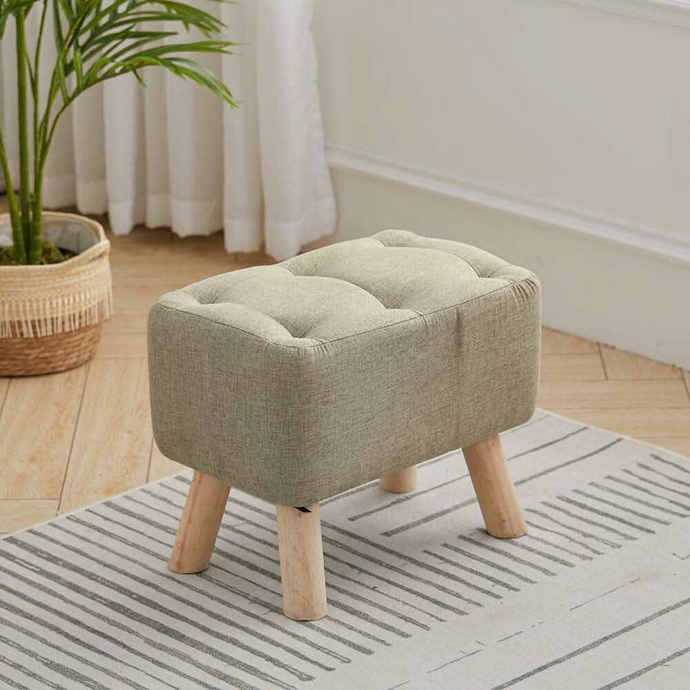 Linen Fabric Footstool Collection: Tufted Stool with Side Pocket & Low-Profile Footrest