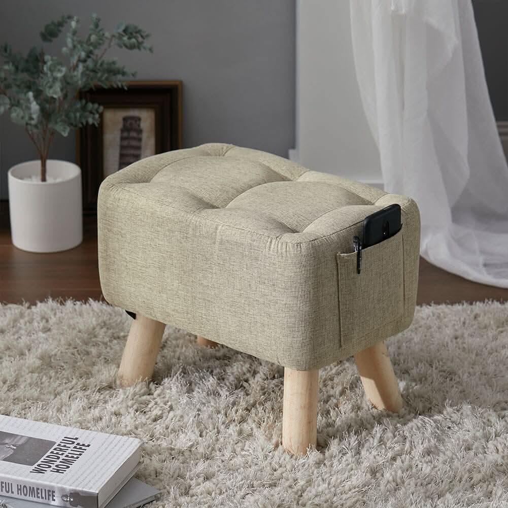 Linen Fabric Footstool Collection: Tufted Stool with Side Pocket & Low-Profile Footrest
