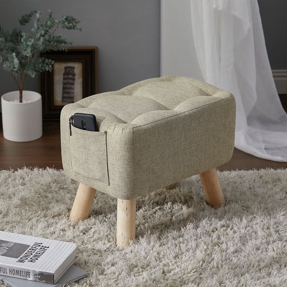 Linen Fabric Footstool Collection: Tufted Stool with Side Pocket & Low-Profile Footrest
