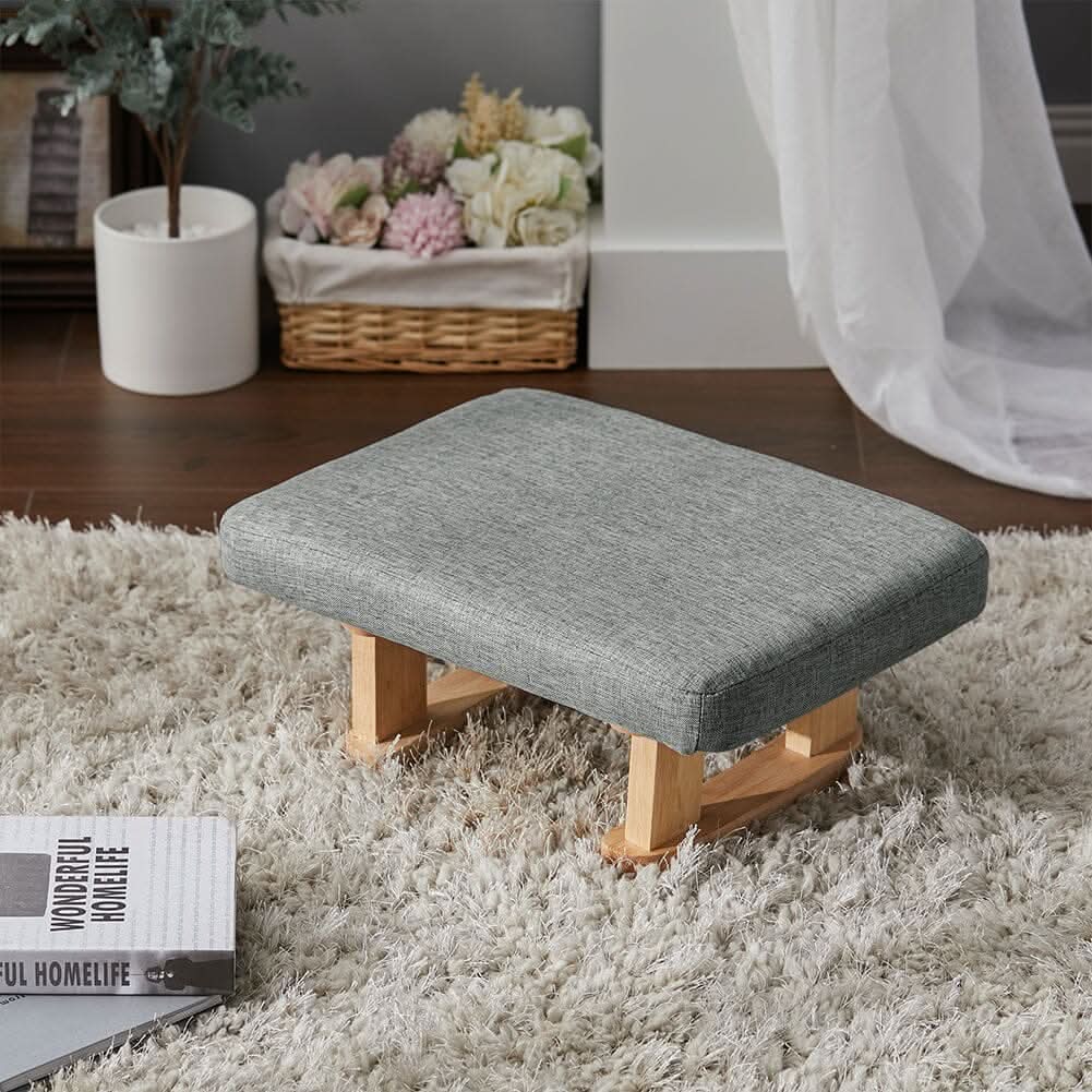 Linen Fabric Footstool Collection: Tufted Stool with Side Pocket & Low-Profile Footrest