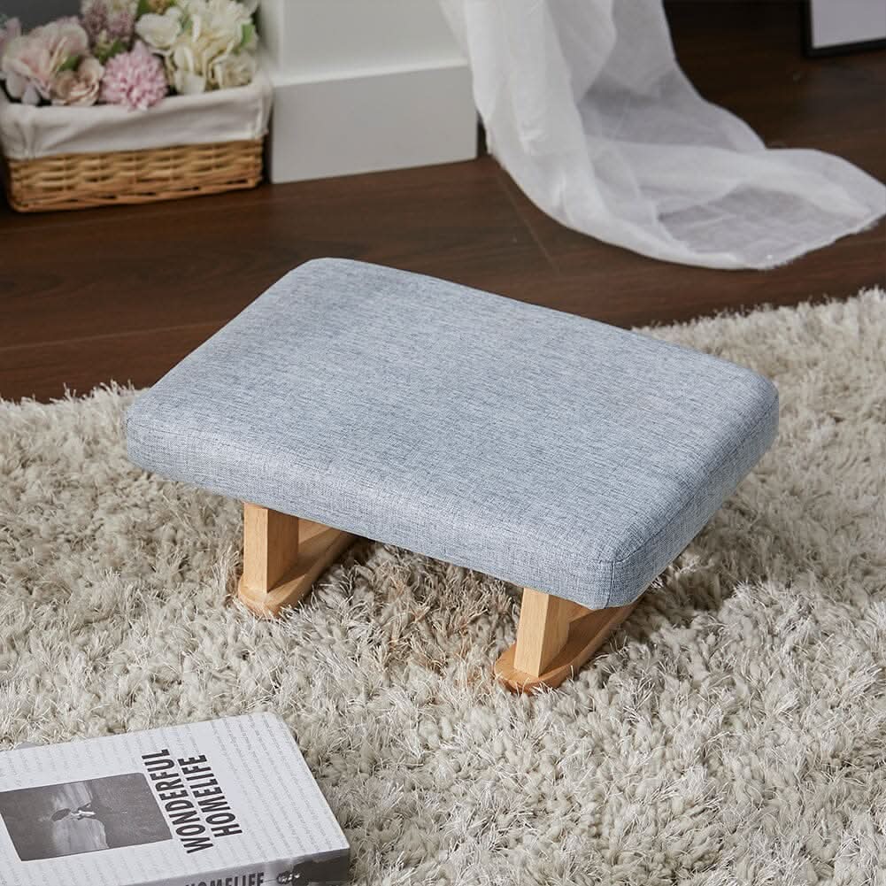 Linen Fabric Footstool Collection: Tufted Stool with Side Pocket & Low-Profile Footrest