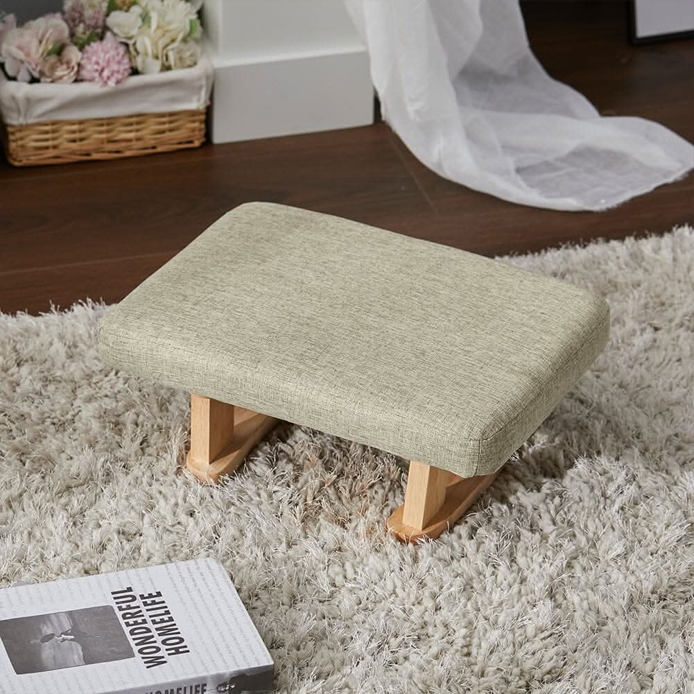 Linen Fabric Footstool Collection: Tufted Stool with Side Pocket & Low-Profile Footrest