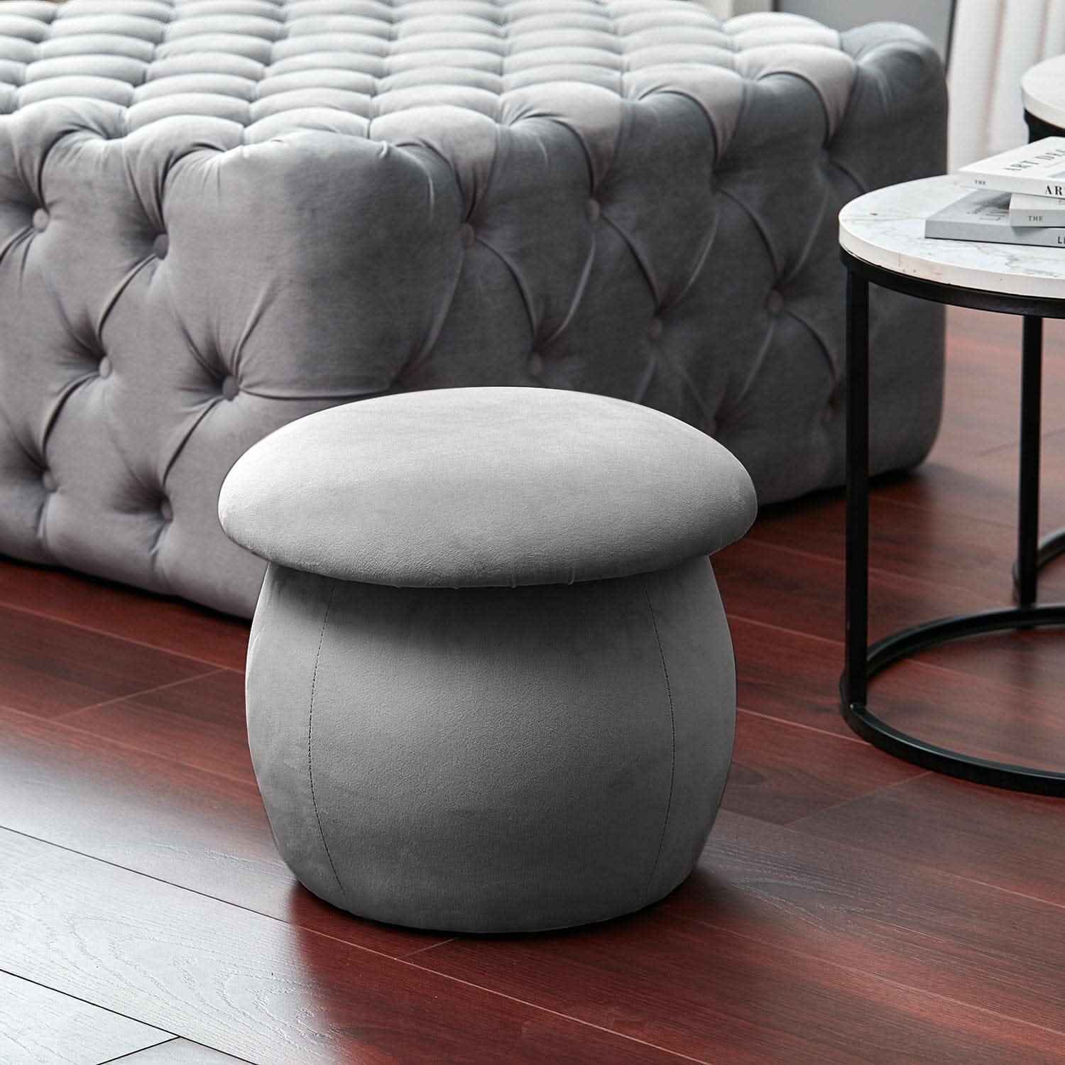 Mushroom-Shaped Round Ottoman Grey Velvet