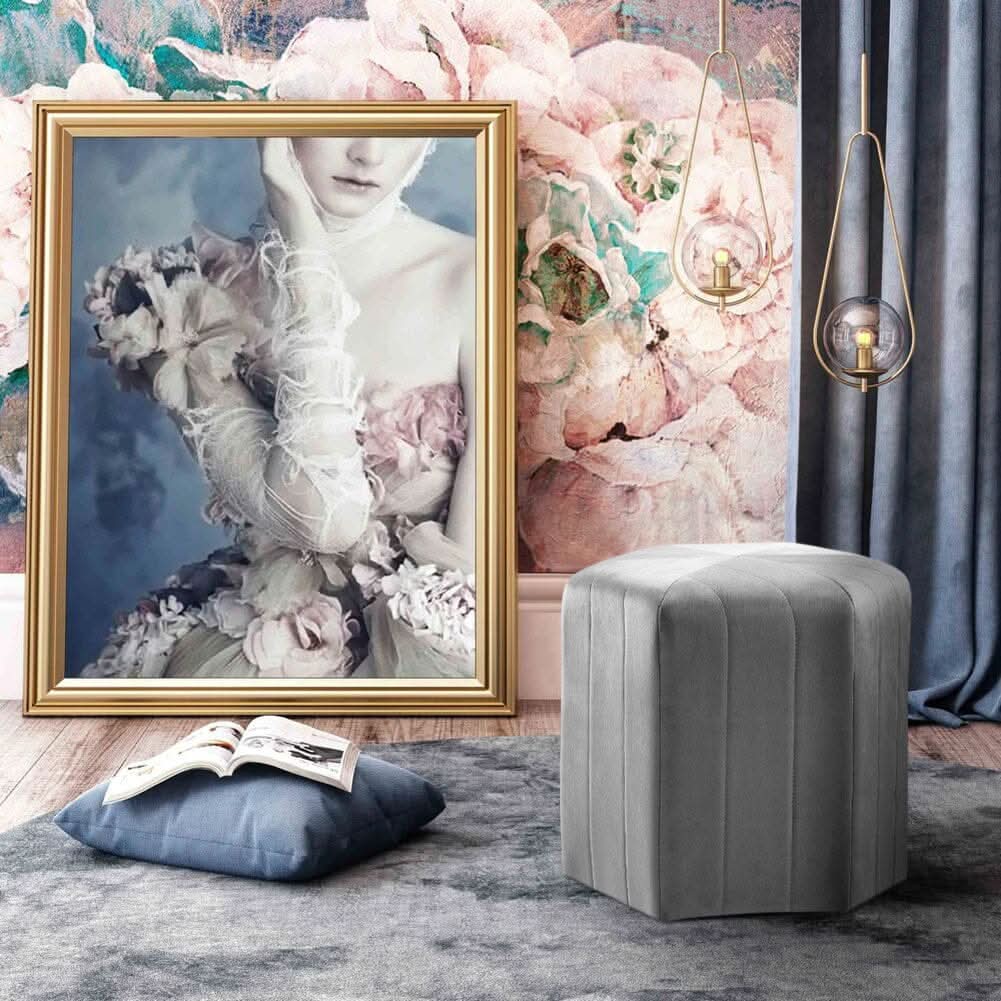 Octagonal Ribbed Ottoman Grey Velvet