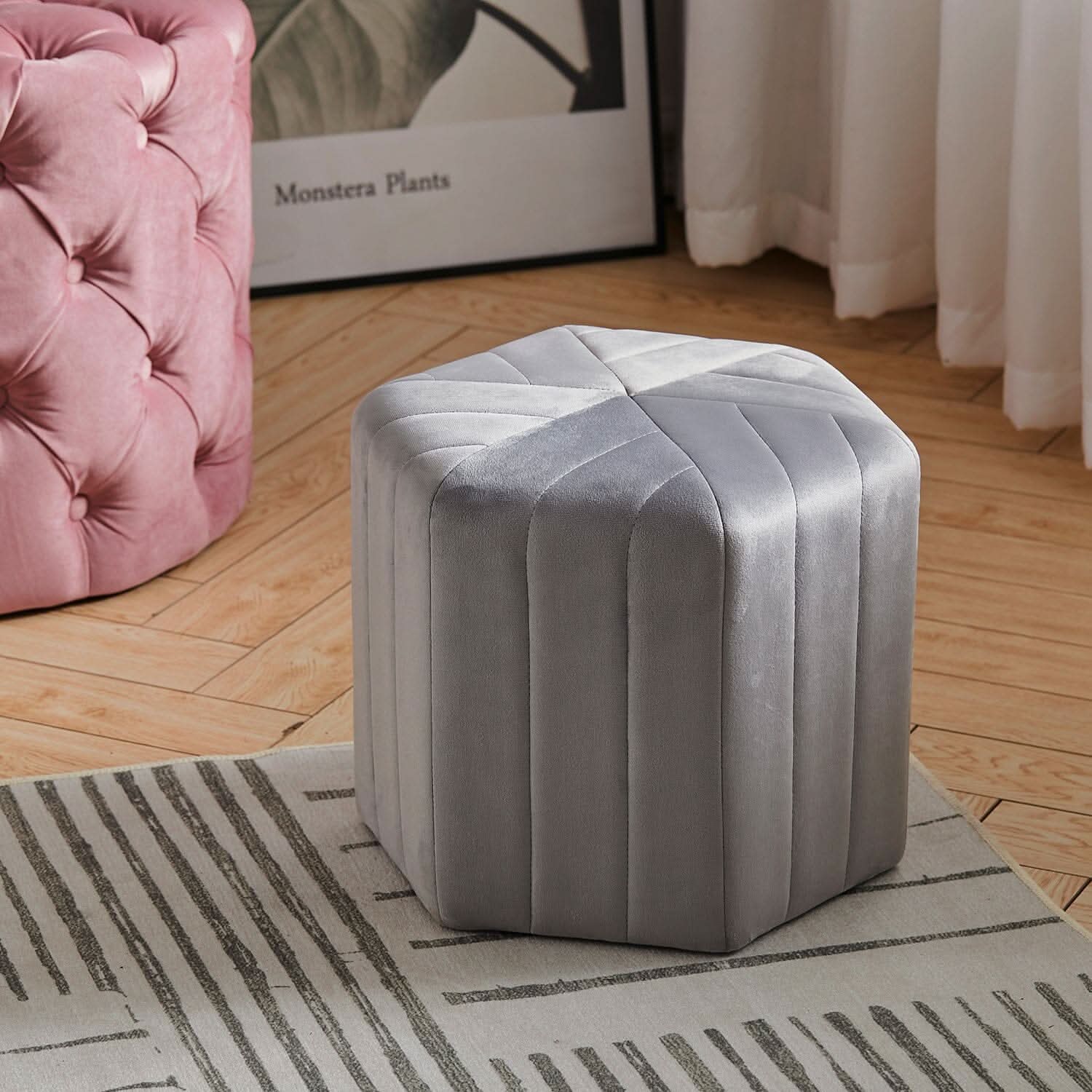 Octagonal Ribbed Ottoman Grey Velvet
