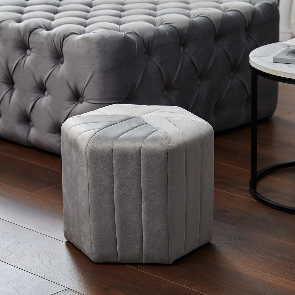 Octagonal Ribbed Ottoman Grey Velvet