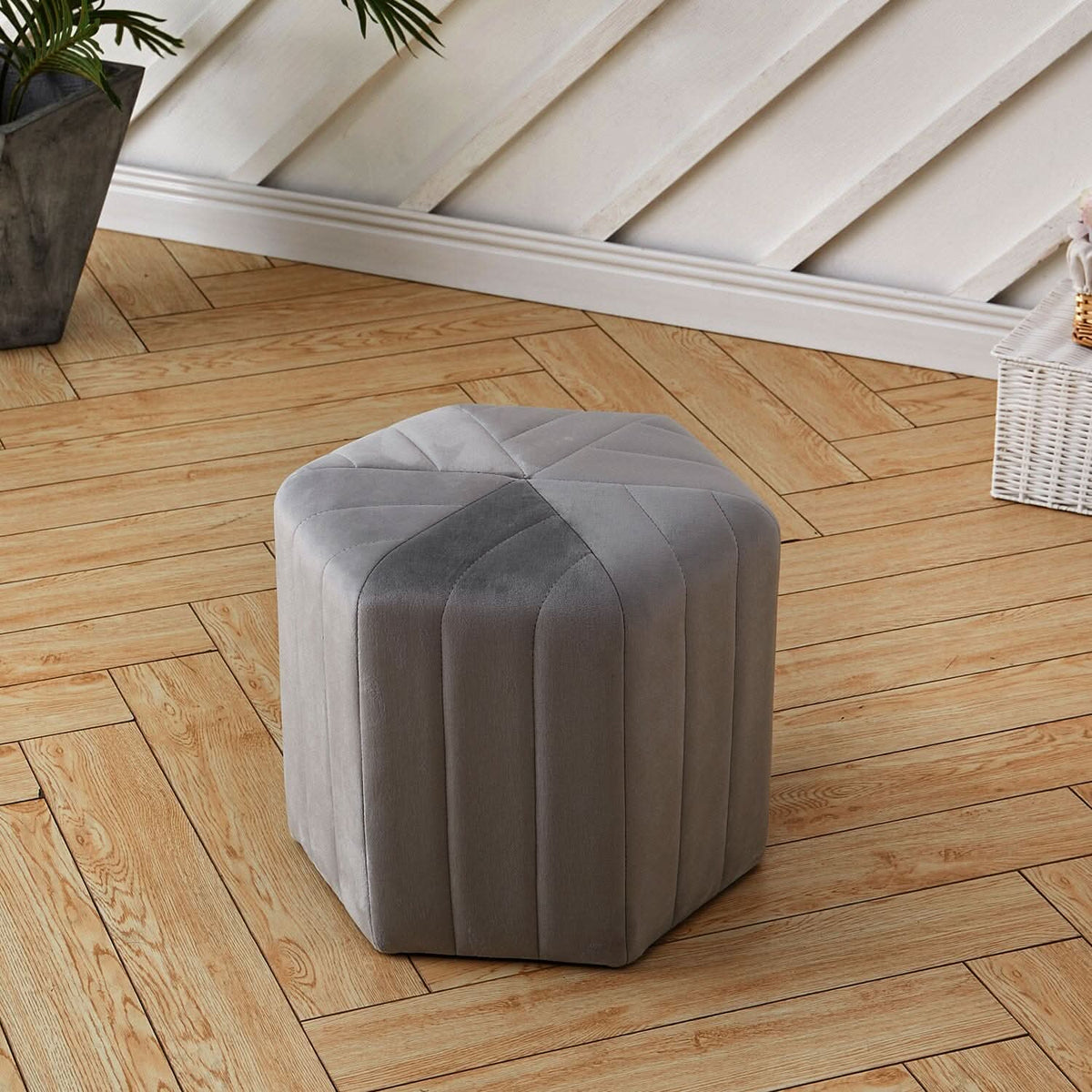 Octagonal Ribbed Ottoman Grey Velvet