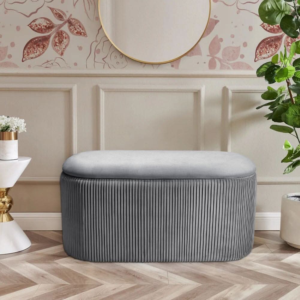 Slate Grey Velvet Storage Ottoman Stool 76x39x40.5cm with Pleated Design