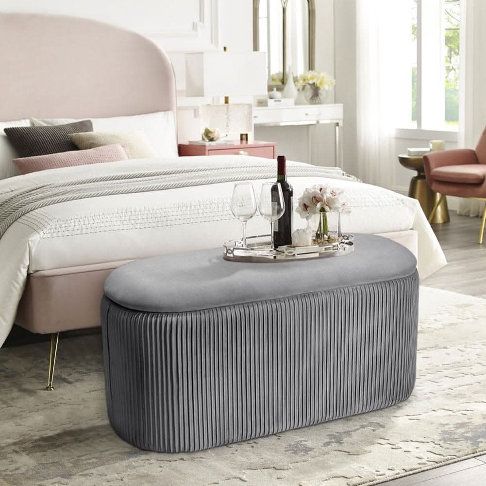 Slate Grey Velvet Storage Ottoman Stool 76x39x40.5cm with Pleated Design