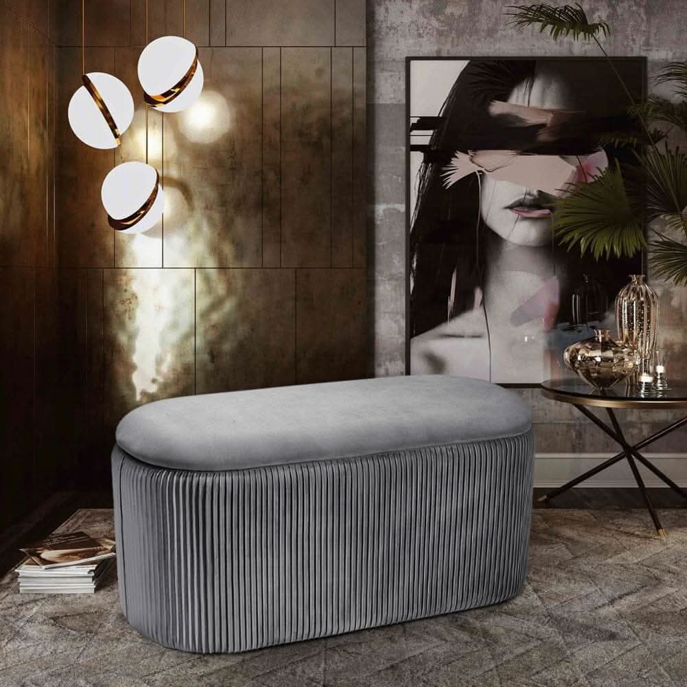 Slate Grey Velvet Storage Ottoman Stool 76x39x40.5cm with Pleated Design