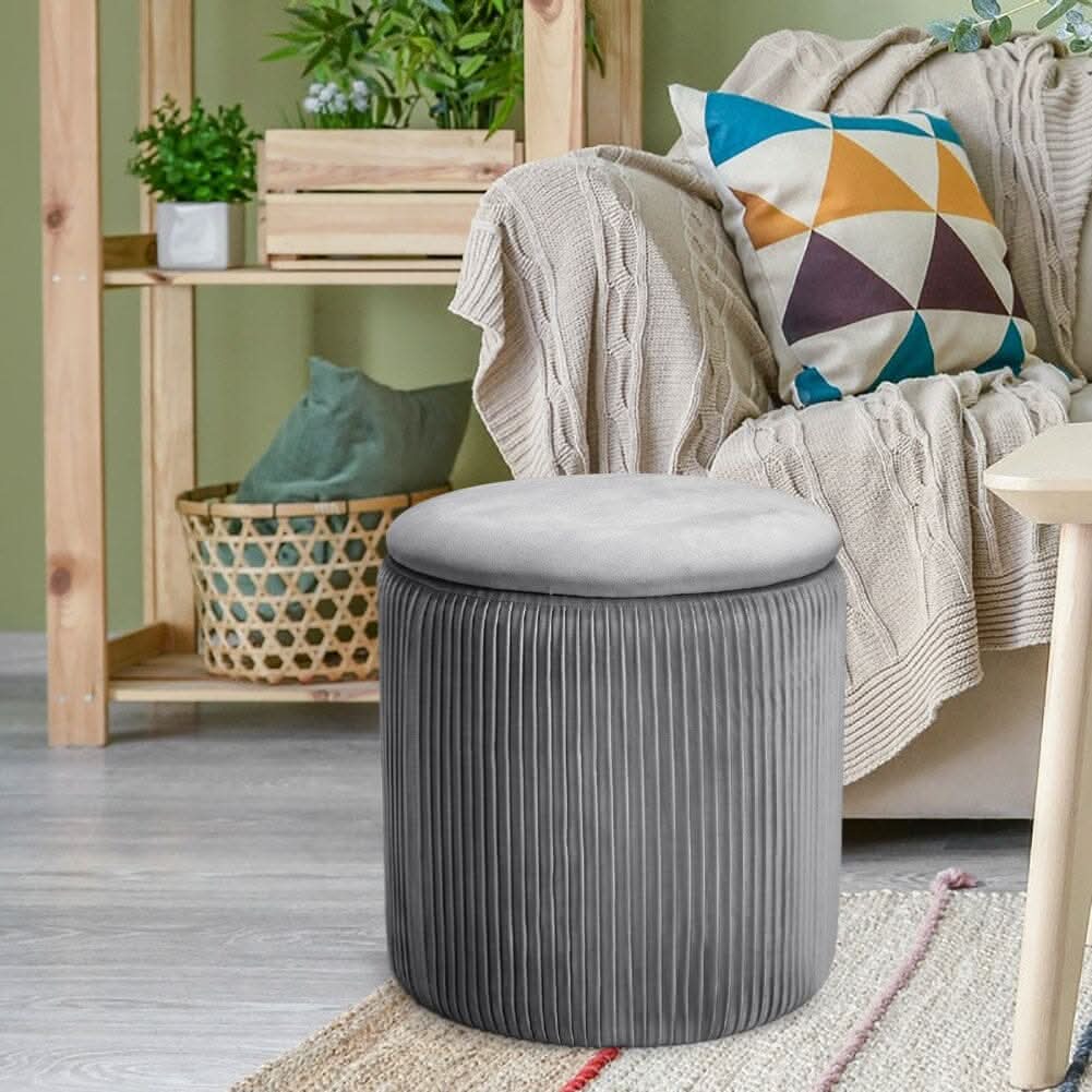 Slate Grey Velvet Cylindrical Storage Stool with Ribbed Design