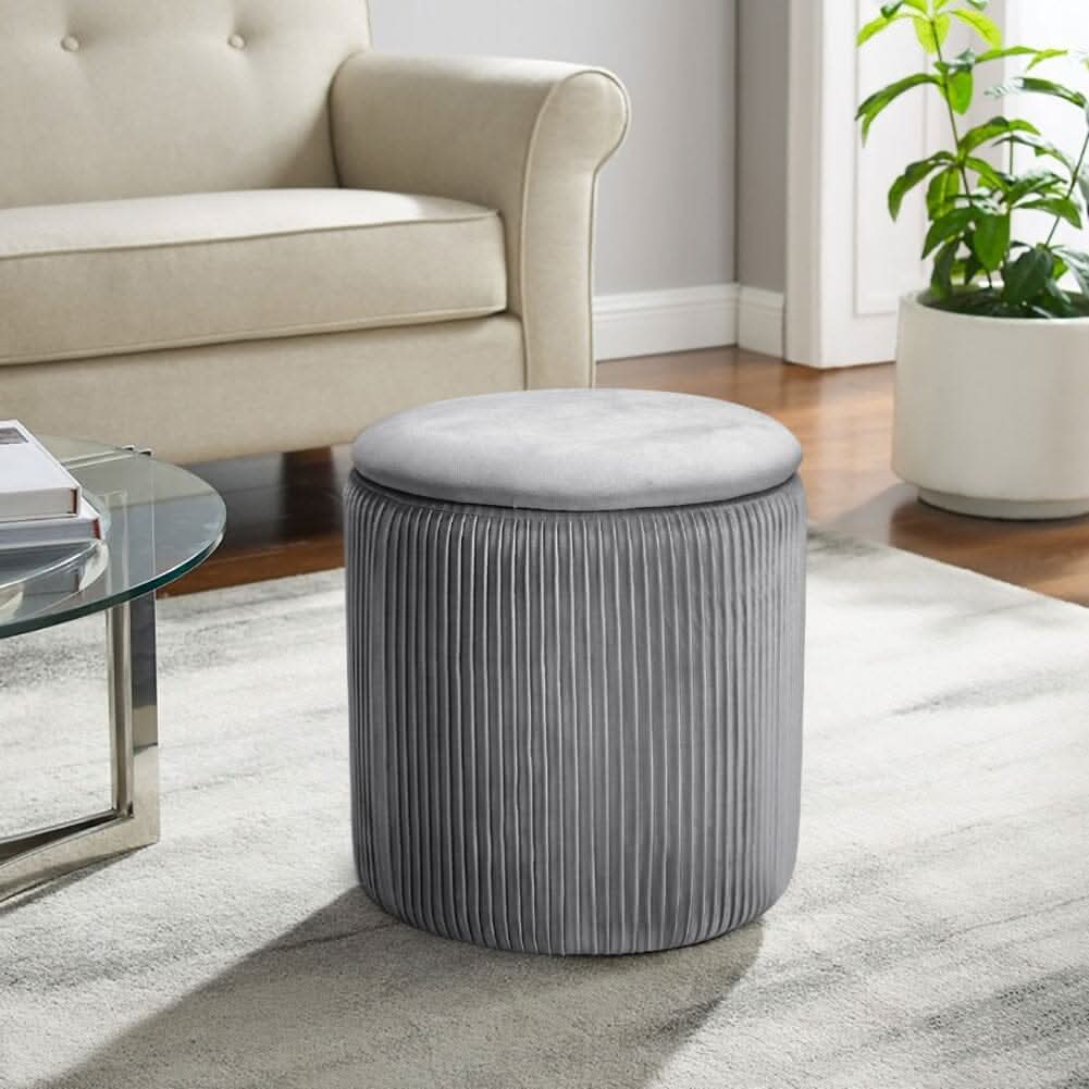 Slate Grey Velvet Cylindrical Storage Stool with Ribbed Design
