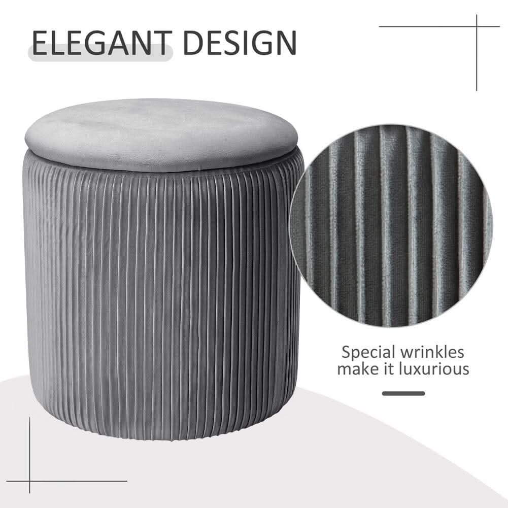Slate Grey Velvet Cylindrical Storage Stool with Ribbed Design