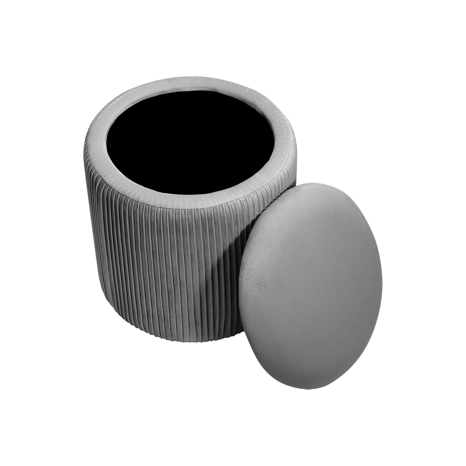 Slate Grey Velvet Cylindrical Storage Stool with Ribbed Design