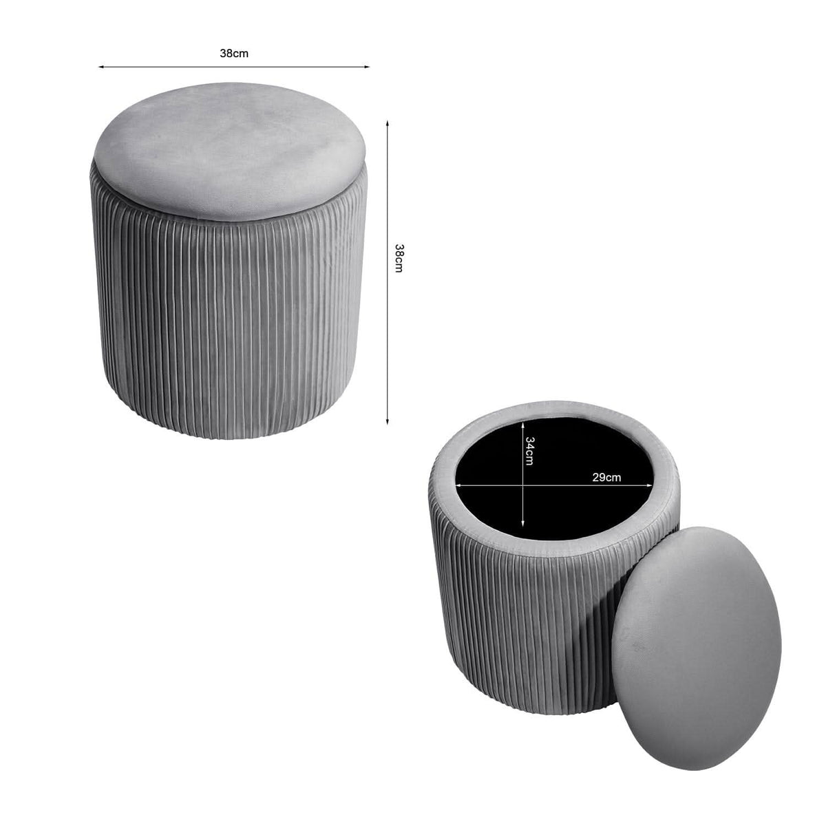 Slate Grey Velvet Cylindrical Storage Stool with Ribbed Design