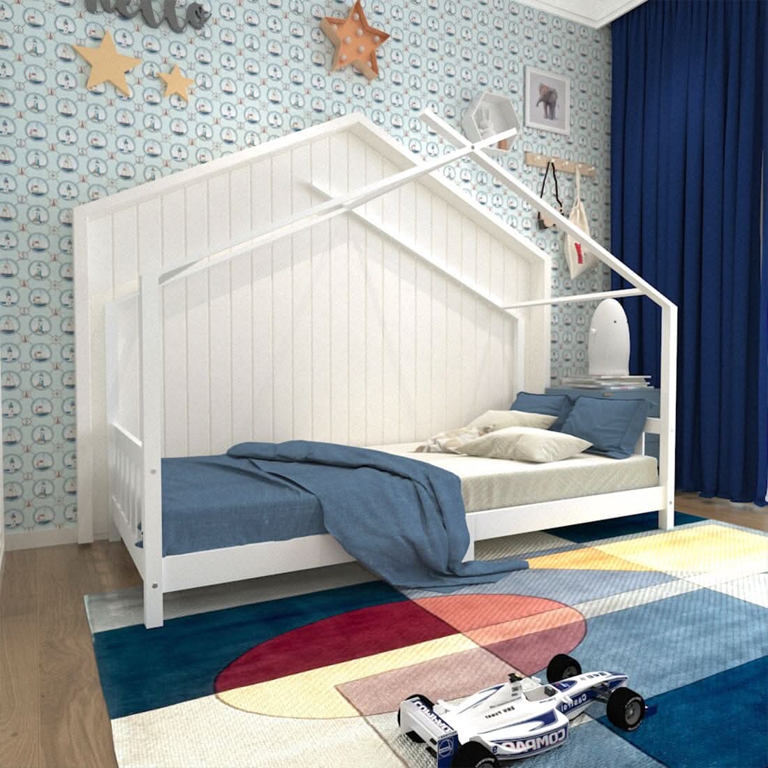 206cm W Nordic Style Pine Wood Bed Frame Toddler Kid Single Bed with Roof