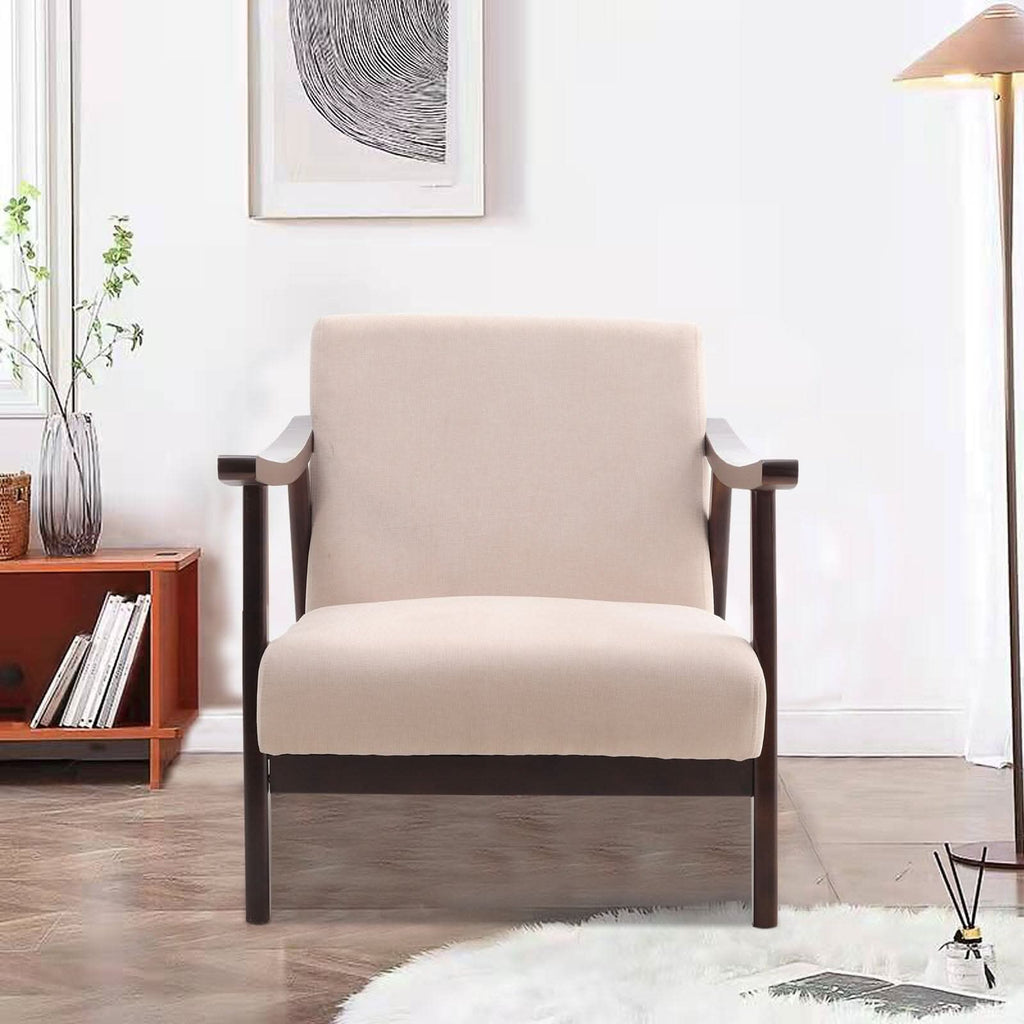 Mid-Century Modern Wooden Arm Accent Chair – Beige Tech Velvet