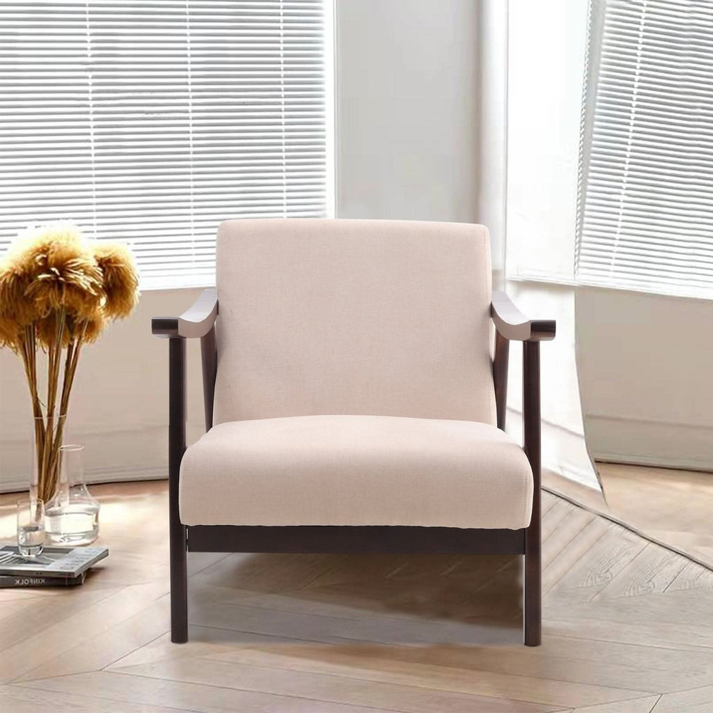 Mid-Century Modern Wooden Arm Accent Chair – Beige Tech Velvet