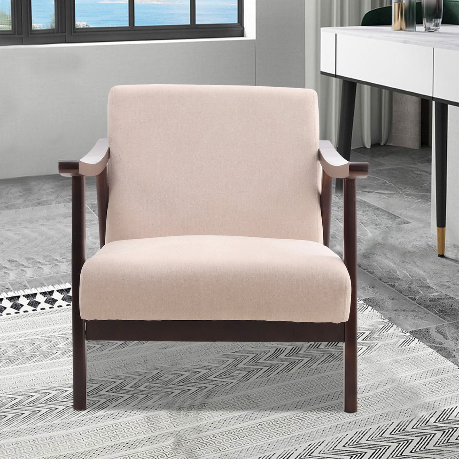 Mid-Century Modern Wooden Arm Accent Chair – Beige Tech Velvet