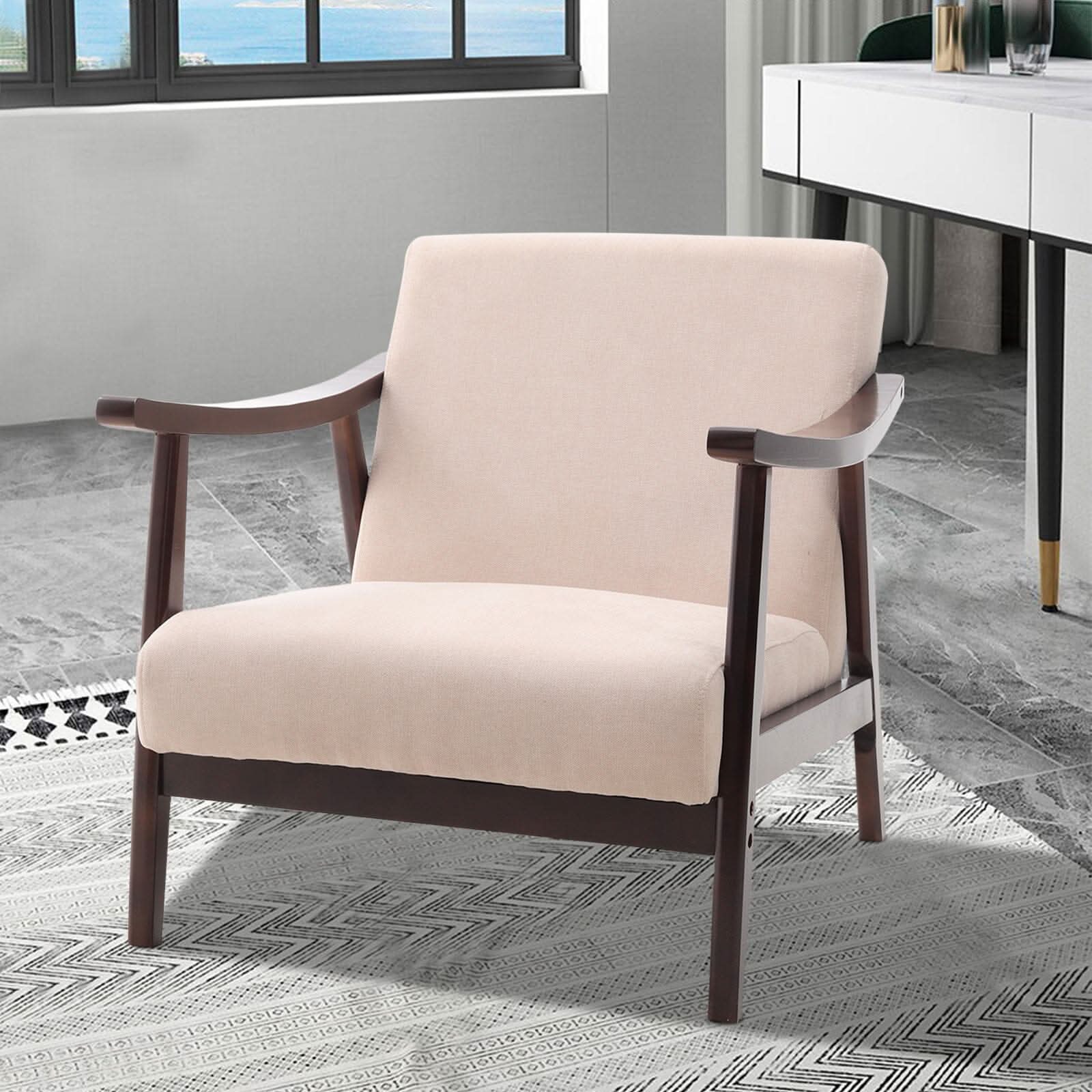 Mid-Century Modern Wooden Arm Accent Chair – Beige Tech Velvet