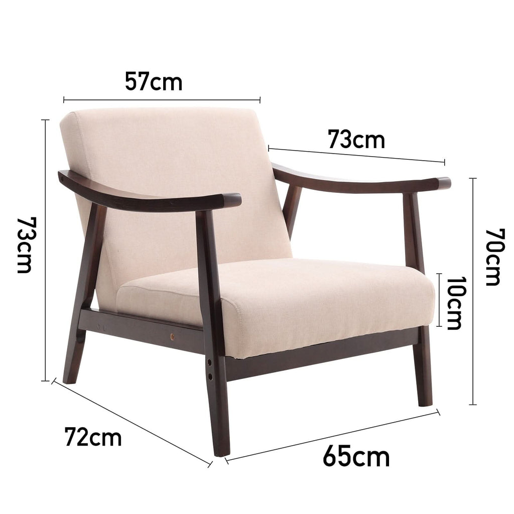 Mid-Century Modern Wooden Arm Accent Chair – Beige Tech Velvet