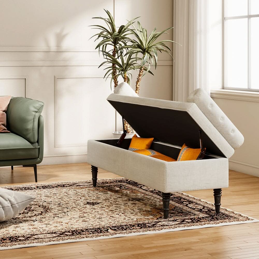 Grey Velvet Storage Bench with Tufted Top, Dual Pillows