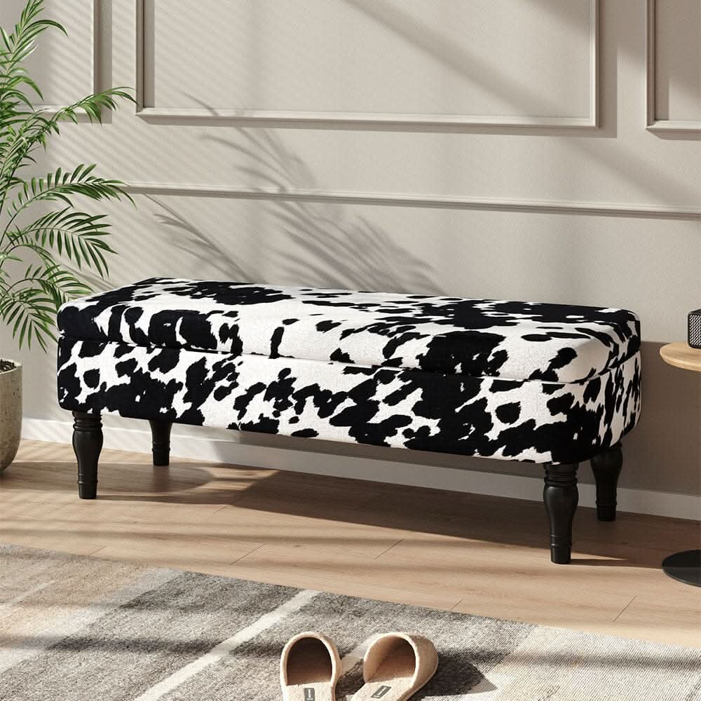 Cow Print Velvet Storage Bench with Black Rubberwood Legs