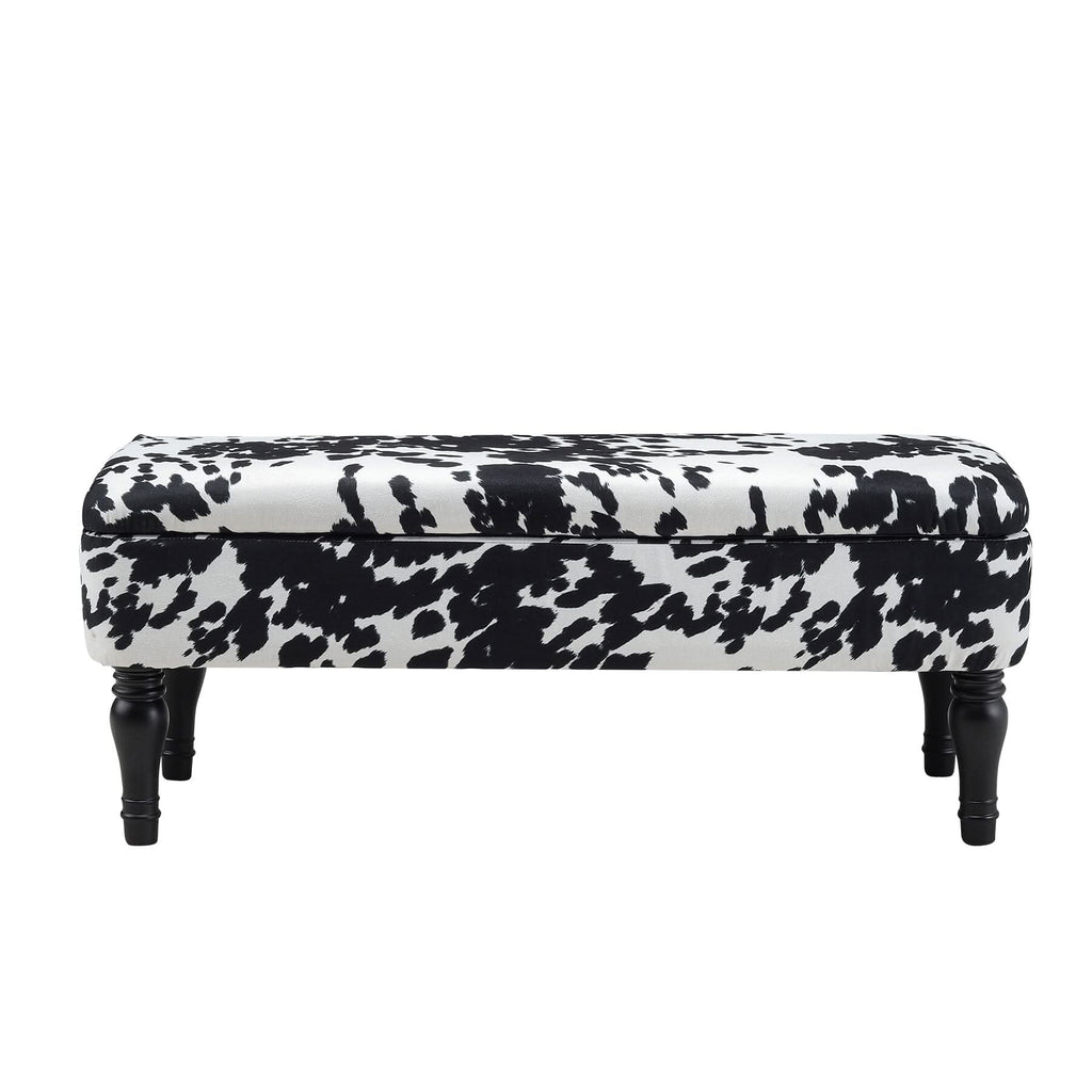 Cow Print Velvet Storage Bench with Black Rubberwood Legs