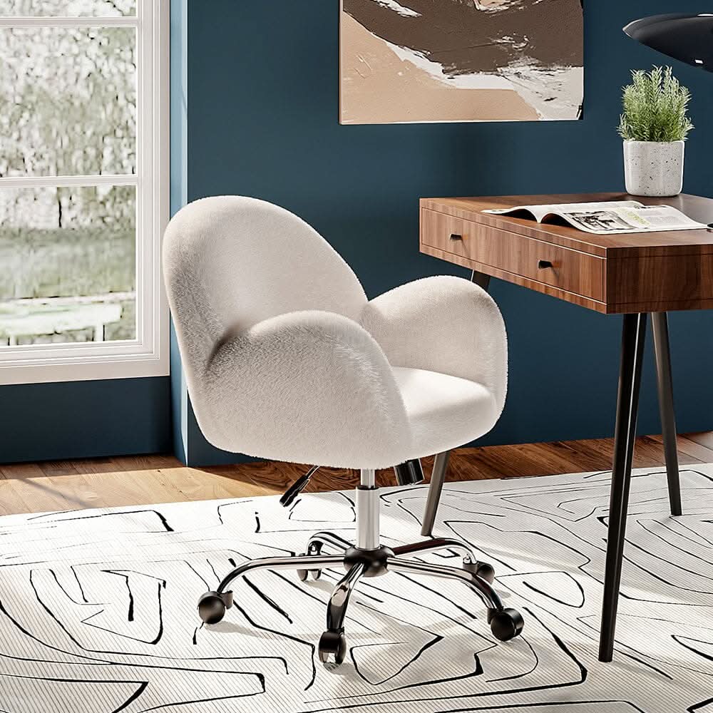 Classic White Upholstered Office Chair with Wood Accents