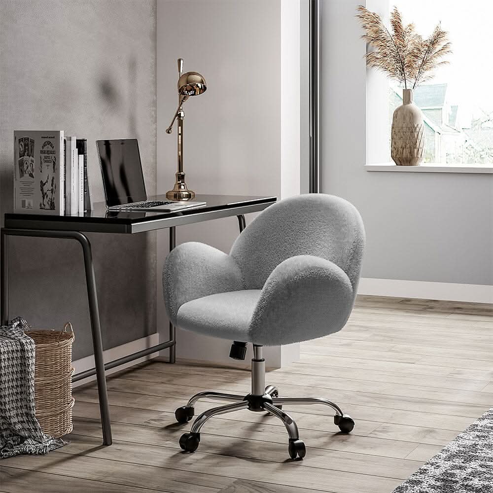 Grey Plush Adjustable Office Chair with Armrests and Rolling Wheels