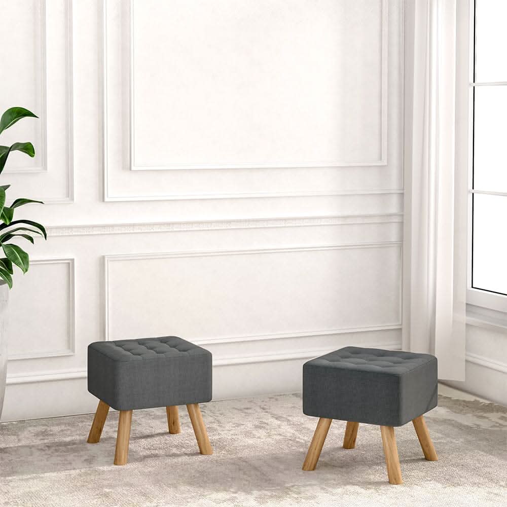 Square Tufted Shoe Stool Linen Fabric with Oak Legs