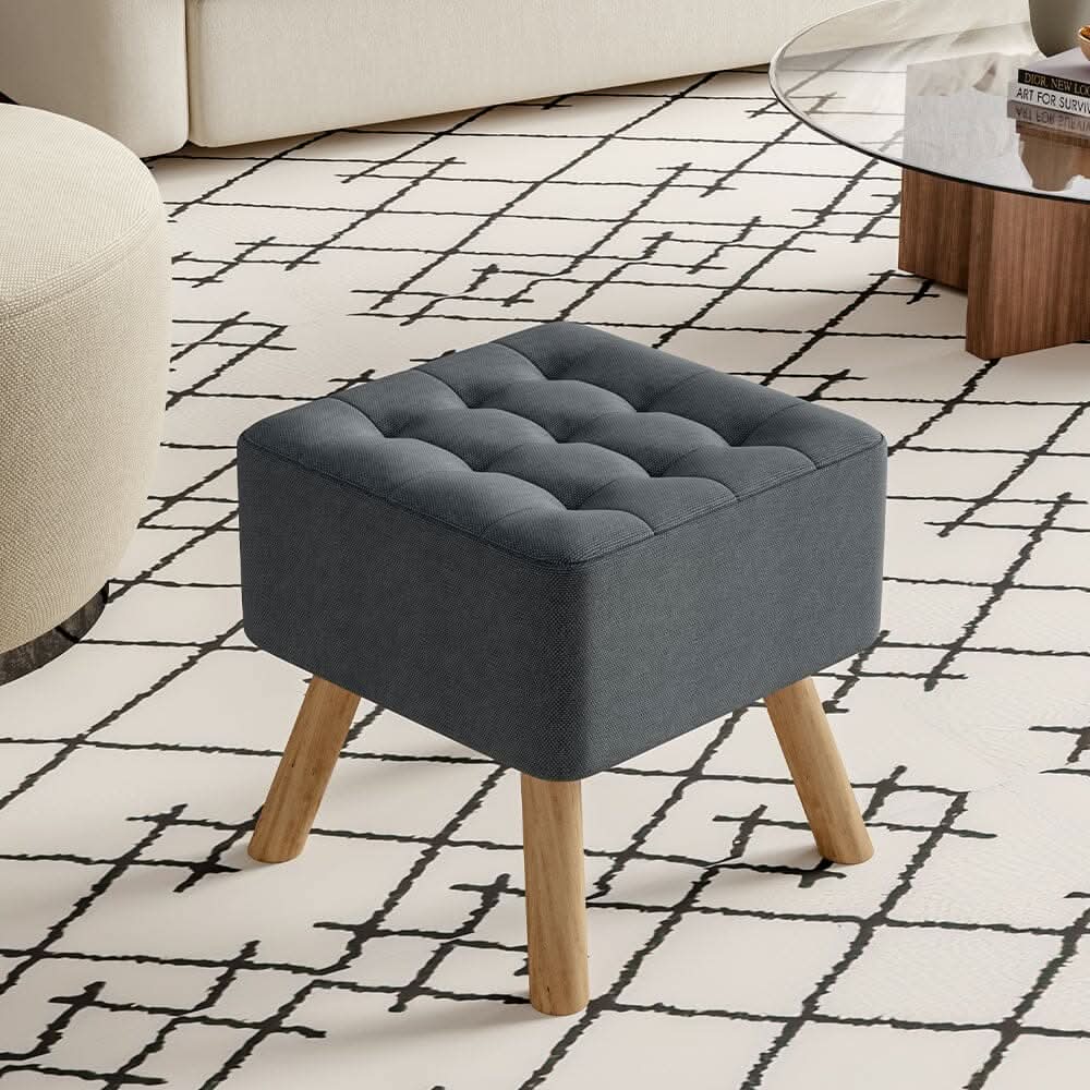Square Tufted Shoe Stool Linen Fabric with Oak Legs