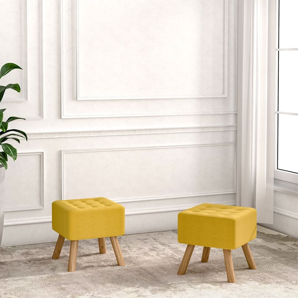 Square Tufted Shoe Stool Linen Fabric with Oak Legs