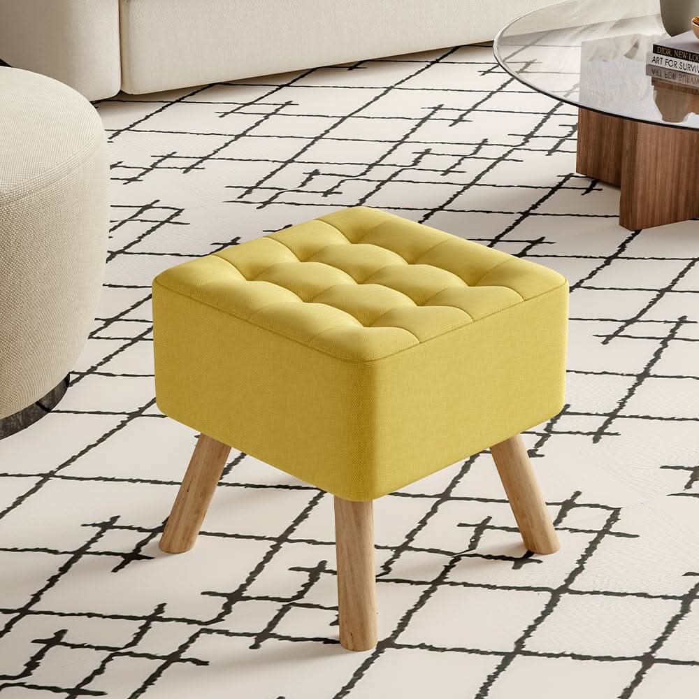 Square Tufted Shoe Stool Linen Fabric with Oak Legs