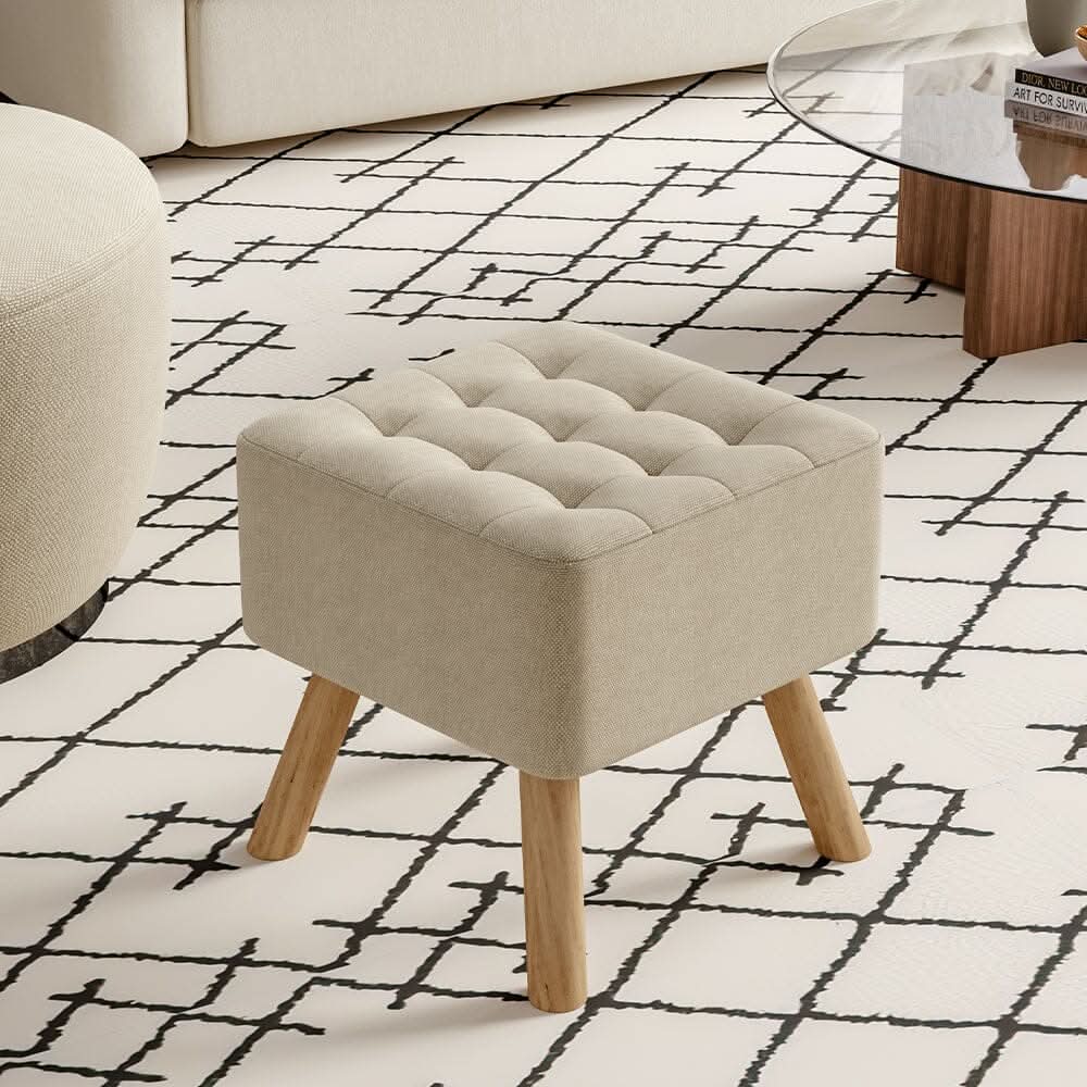 Square Tufted Shoe Stool Linen Fabric with Oak Legs
