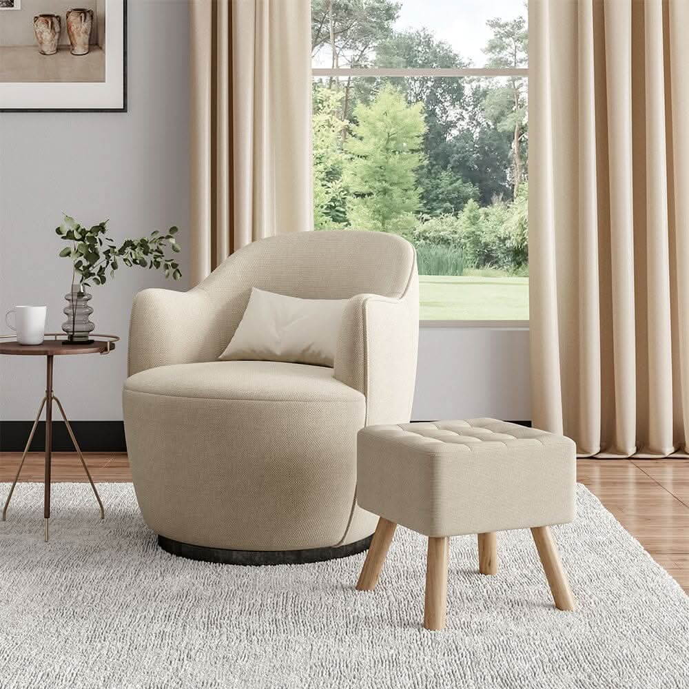Square Tufted Shoe Stool Linen Fabric with Oak Legs