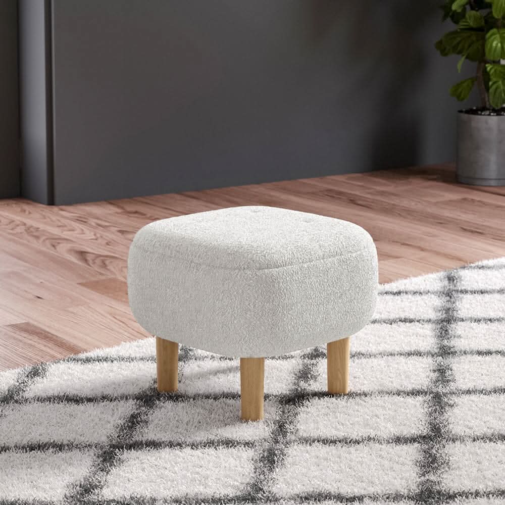 Square Teddy Fabric Ottoman Stool with Tufted Detail