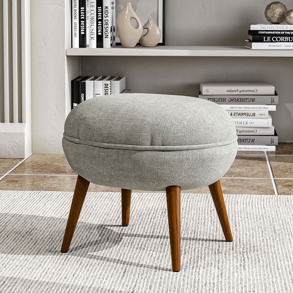 Linen Oval Stool Ottoman Footstool with Wooden Legs