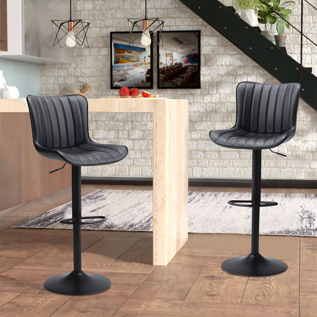 Set of 2 Bar Stools with Black Leather Swivel Adjustable Height