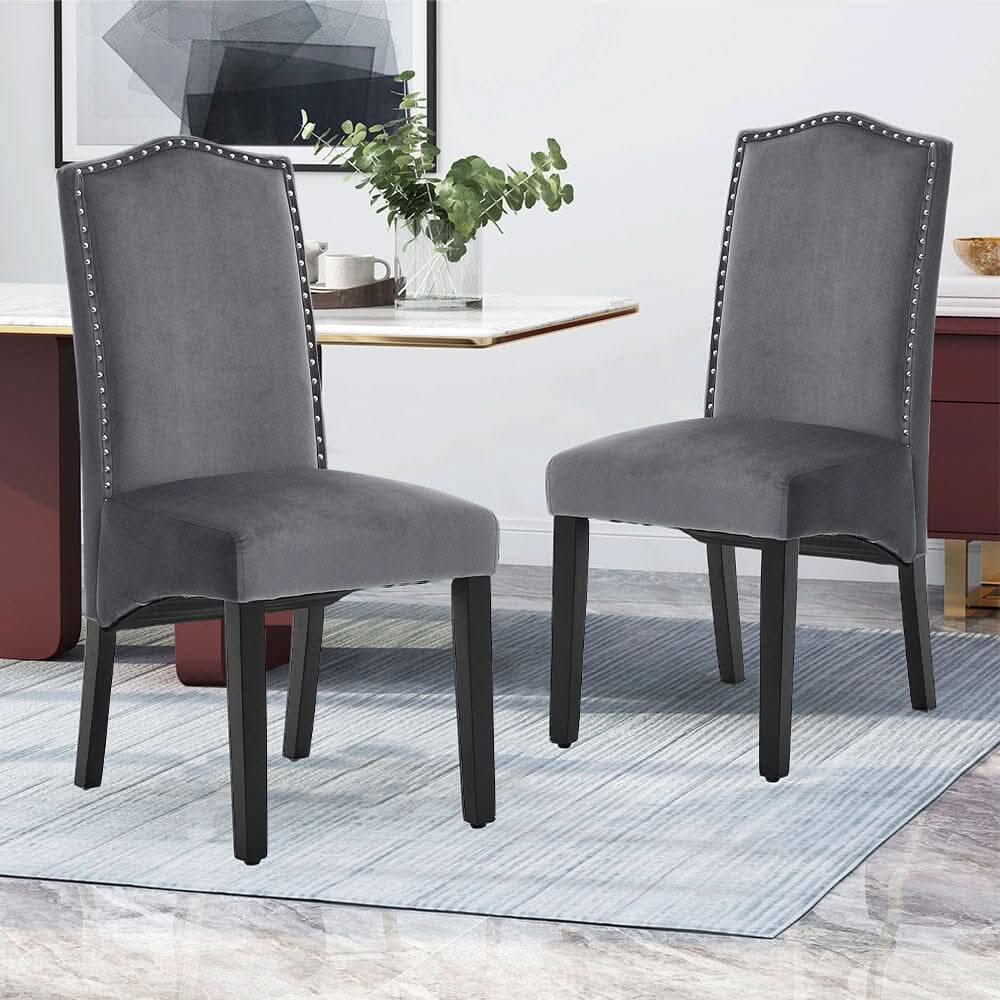 Set of 2 Grey Velvet Upholstered High Back Dinning Chair